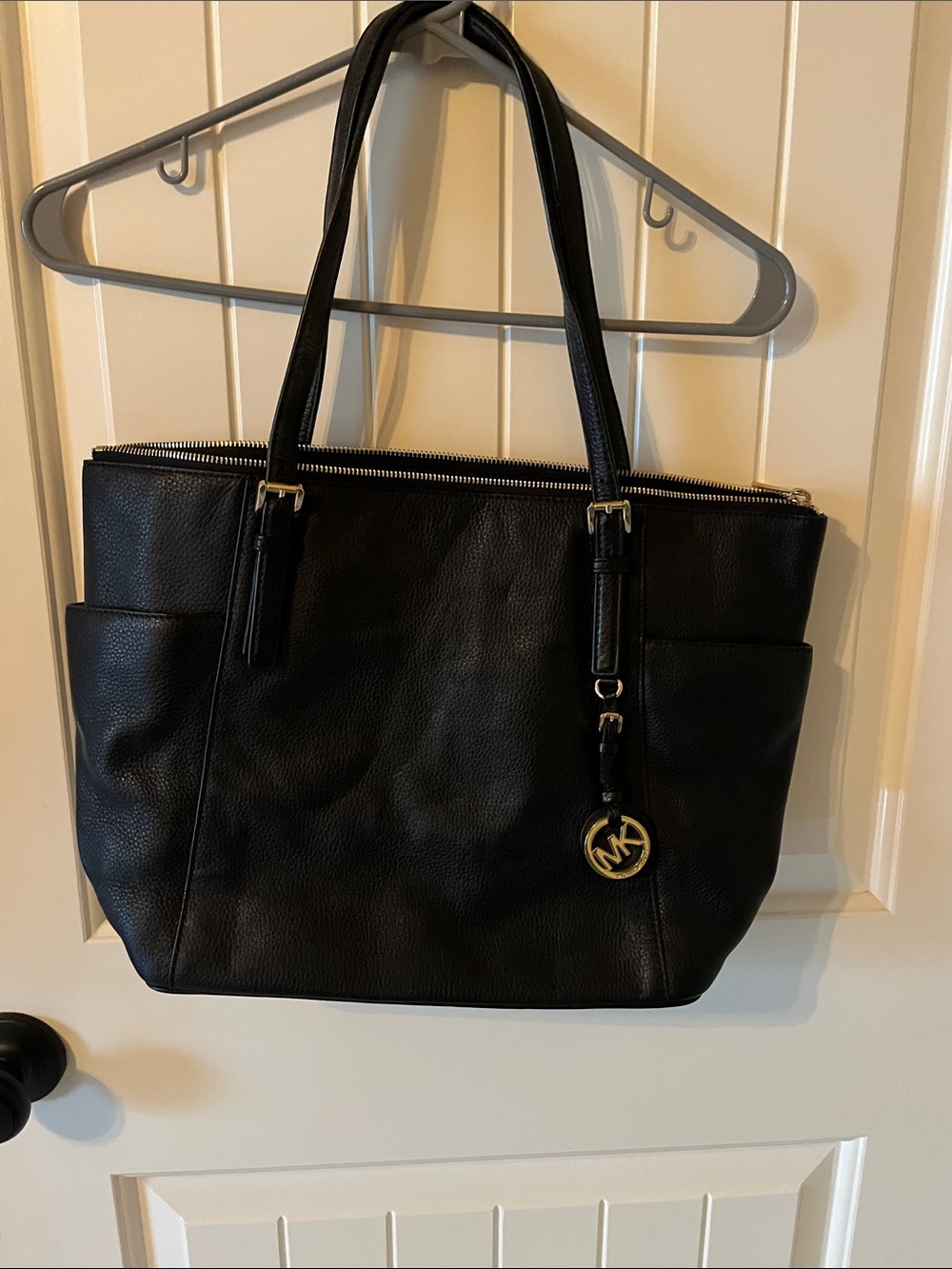 Michael Kors Black Pebbled Leather Tote with Gold MK Charm